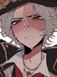  blush bq5lia6azqcbe3n commentary_request embarrassed flustered furrowed_brow grey_hair hat highres identity_v jewelry looking_ahead male_focus necklace norton_campbell norton_campbell_(bird_of_prey) portrait scar scar_on_face striped_blush sweat tearing_up yellow_eyes 