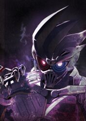  1boy absurdres armor blue_eyes close-up commentary_request glowing glowing_eyes helmet heterochromia highres holding kamen_rider kamen_rider_ex-aid_(series) kamen_rider_genm kamen_rider_genm_(zombie_gamer_level_x) orion red_eyes rider_gashat solo tokusatsu upper_body white_armor 