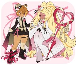  2girls :d @_@ absurdly_long_hair arm_at_side bare_legs belt black_belt black_boots black_bow black_coat black_hat black_necktie black_shoes black_shorts blonde_hair boots border bow bowtie breasts brown_eyes brown_hair buttons coat collared_coat colored_shoe_soles commentary cookie_run cookie_run:_ovenbreak croissant_cookie curly_sidelocks dark-skinned_female dark_skin dot_nose double-breasted double-parted_bangs double_bun dual_persona english_text eye_contact eyepatch face-to-face flower frilled_coat frilled_sleeves frills full_body gloves grin hair_between_eyes hair_bun hair_ornament happy_valentine hat hat_bow hat_ornament hat_tip heart heart-shaped_hat heart_eyepatch heart_hat_ornament high_ponytail highres holding holding_hands holding_scissors humanization knee_boots knees_together_feet_apart lapels legs_apart long_hair long_sleeves looking_at_another medium_breasts mini_hat mini_top_hat multicolored_hair multiple_girls necktie no_eyebrows notched_lapels official_alternate_costume official_alternate_eye_color ohta_guk_hip one_eye_covered open_clothes open_coat open_mouth orange_hair outside_border oversized_object pants parted_bangs pink_background pink_bow pink_bowtie pink_eyes pink_flower pink_ribbon pink_rose ponytail ribbed_shirt ribbon rose scissors shirt shoes short_hair shorts sidelocks simple_background sleeve_cuffs small_breasts smile standing standing_on_one_leg streaked_hair striped_bow striped_bowtie striped_clothes tareme thick_eyebrows thick_thighs thigh_strap thighs tie_clip timekeeper_cookie timekeeper_cookie_(timeless_love) tongue top_hat tsurime two-tone_bow two-tone_bowtie two-tone_hair untranslatable_commentary v-shaped_eyebrows very_long_hair white_border white_bow white_bowtie white_coat white_gloves white_hat white_pants wide_hips yellow_bow yellow_shirt 
