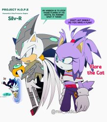  2boys 2girls animal_ears animal_nose black_fire blaze_the_cat blaze_the_cat_(beta_design) body_fur boots bracelet cat_ears cat_girl cat_tail chest_fur commentary dual_persona english_commentary fiery_hair fiery_tail fire forehead_jewel furry furry_female furry_male gloves gold_bracelet grey_fur hedgehog_boy highres jewelry milk-addicc multiple_boys multiple_girls no_mouth official_alternate_design open_mouth pants ponytail prototype_design purple_fur shoes short_tail silver_the_hedgehog silver_the_hedgehog_(beta_design) sonic_(series) sonic_rush sonic_rush_adventure sonic_the_hedgehog_(2006) spiked_shoes spikes tail white_gloves 