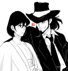  2boys arm_around_shoulder closed_mouth collared_shirt commentary_request facial_hair goatee greyscale hat highres ishikawa_goemon_xiii japanese_clothes jigen_daisuke looking_at_another lupin_iii male_focus mohimohinosiri monochrome multiple_boys necktie shirt short_hair smile upper_body 