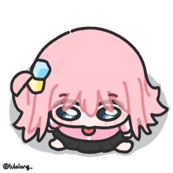  1girl black_skirt blue_eyes bocchi_the_rock! chibi chibi_only cube_hair_ornament from_above full_body gotoh_hitori hair_ornament highres jacket long_hair looking_ahead lulalang one_side_up pink_hair pink_jacket simple_background sitting skirt solo tongue tongue_out twitter_username white_background 