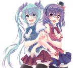  2girls :d aqua_eyes bowtie glasses green_hair hair_ribbon hat hatsune_miku heart heart_hands heart_hands_duo highres locked_arms long_hair mini_top_hat multiple_girls nail_polish open_mouth pink_eyes purple_hair ribbon skirt smile thighhighs top_hat twintails very_long_hair vocaloid white_background yami_(m31) 