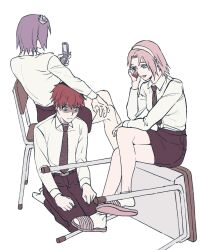  1boy 2girls alternate_universe bags_under_eyes blue_hair breasts brown_eyes cellphone chair commentary_request crossed_legs desk diagonal-striped_clothes diagonal-striped_necktie flip_phone flower frown grey_eyes grey_necktie gyogyo_hjj hair_flower hair_ornament hairband haruno_sakura highres holding holding_phone konan_(naruto) korean_commentary miniskirt multiple_girls naruto_(series) naruto_shippuuden necktie no_shoes open_mouth pencil_skirt phone sandals sasori_(naruto) school_chair school_desk school_uniform seiza short_hair sitting skirt small_breasts smile socks striped_clothes white_hairband white_socks 