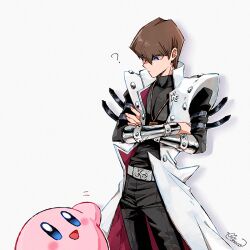  1boy 1other ? arm_strap black_pants black_shirt blue_eyes brown_eyes coat cowboy_shot crossed_arms crossover facing_another high_collar kaiba_seto kirby kirby_(series) looking_at_another metal_wrist_cuffs moneko open_clothes open_coat out_of_frame pants shirt sleeveless sleeveless_coat waving white_background white_coat yu-gi-oh! yu-gi-oh!_duel_monsters 