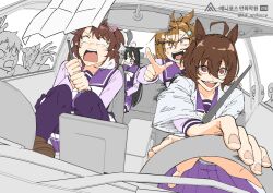  4girls agnes_digital_(umamusume) agnes_tachyon_(umamusume) ahoge animal_ears blank_eyes brown_eyes brown_hair brown_shoes car_interior coat commentary_request cup dantsu_flame_(umamusume) drink driving ear_covers ear_ornament hair_between_eyes hair_ornament highres holding holding_cup horse_ears horse_girl jam_(umamusume) jungle_pocket_(umamusume) korean_text lab_coat long_sleeves looking_at_viewer manhattan_cafe_(umamusume) motion_lines multiple_girls open_mouth pointing purple_sailor_collar purple_shirt purple_skirt purple_thighhighs sailor_collar scared shirt shoes short_hair skirt sweat thigh-highs twitter_username umamusume upper_body v-shaped_eyebrows wakita_otk white_coat winter_uniform zombie 