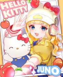  1girl apple arm_warmers blonde_hair blue_eyes bow cat collared_shirt commentary_request food fruit hat headphones hello_kitty hello_kitty_(character) highres juno_(overwatch) long_hair nano_kaname open_mouth overalls overwatch photo_(object) sanrio shirt striped_arm_warmers waving whiskers yellow_shirt 