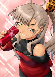  1girl ahoge alternate_costume black_skirt box brown_hair commentary_request dark-skinned_female dark_skin green_eyes grin highres kantai_collection kashi_(kancolle) layered_shirt mole mole_under_eye nekotarou_(nktr299) off-shoulder_shirt off_shoulder one_side_up red_background red_shirt shirt skirt smile solo sparkle_background turtleneck turtleneck_shirt undershirt 