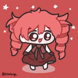  1girl :d chibi chibi_only commentary double-parted_bangs dress drill_hair encore_dance_(synthesizer_v) english_commentary full_body highres kasane_teto kasane_teto_(sv) long_hair lulalang neck_ribbon open_mouth red_background red_dress red_eyes red_hair red_ribbon ribbon skirt_hold smile solo synthesizer_v twin_drills twitter_username 