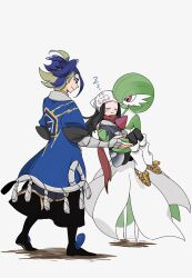  1boy 1girl 1other adaman_(pokemon) akari_(pokemon) arm_wrap black_hair black_pantyhose black_sash blue_coat blue_hair blush bob_cut brown_eyes carrying carrying_person closed_eyes closed_mouth coat cocoa_s3 colored_skin commentary_request galaxy_expedition_team_survey_corps_uniform gardevoir green_hair hand_wraps headscarf highres holding jacket long_hair multicolored_hair pantyhose pokemon pokemon_(creature) pokemon_legends:_arceus ponytail princess_carry red_eyes red_scarf sash scarf shirt shoes sidelocks simple_background sleeping smile socks white_headscarf white_skin white_socks zzz 