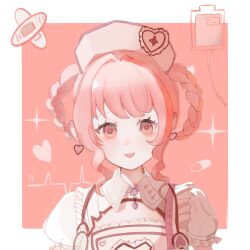  1girl above-cleavage_cutout belt_buckle border braid braided_hair_rings brown_eyes buckle chinese_commentary clothing_cutout collar commentary_request cross crossed_bandaids detached_collar dot_nose dress earrings eyelashes frilled_dress frilled_sleeves frills hair_intakes hair_rings happy hat hat_ornament heart heart_collar heart_earrings heart_hat_ornament heart_print highres infinity_nikki intravenous_drip jewelry light_blush nikki_(nikki) nikki_(series) nurse nurse_cap open_mouth outside_border pill pink_background pink_hair print_dress puffy_short_sleeves puffy_sleeves red_cross short_hair_with_long_locks short_sleeves sidelocks smile solo sparkle stethoscope_around_neck straight-on sweet_diagnosis_(infinity_nikki) upper_body wavy_hair white_border white_collar white_dress white_hat xiaobaodebao10722 