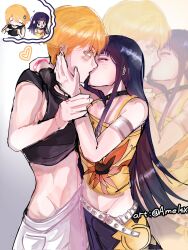  1boy 1girl amel4x arm_support armband belt blonde_hair blue_eyes blue_hair blush boruto:_two_blue_vortex caressing_cheek chibi choker closed_mouth couple crop_top denim facial_mark flat_chest french_kiss hand_on_another's_face heart highres imminent_kiss jeans kiss long_hair looking_at_another messy_hair naruto_(series) pants petite shirt short_hair sleeveless sleeveless_shirt standing sweat sweatdrop tank_top uzumaki_himawari wavy_hair whisker_markings yamanaka_inojin 