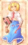  1girl ahoge alice_margatroid blonde_hair book border capelet dress gradient gradient_background hairband hiro32-the-bbc lolita_hairband looking_at_viewer open_mouth puppet_rings ribbon sash shadow short_hair solo touhou wrist_cuffs yellow_eyes 