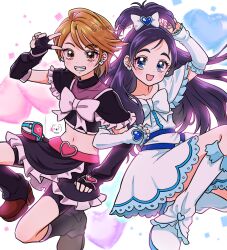  2girls arm_warmers arm_wrap bike_shorts black_arm_warmers black_gloves black_shirt black_shorts black_skirt blue_eyes blue_hair bow bowtie collarbone crop_top cure_black cure_white dress earrings fingerless_gloves futari_wa_precure gloves grin heart heart-shaped_gem heart_earrings highres jewelry long_hair looking_at_viewer magical_girl midriff moro_precure multiple_girls navel open_mouth orange_eyes orange_hair precure shirt short_hair shorts skirt smile teeth v v_over_eye white_arm_warmers white_bow white_bowtie white_dress 