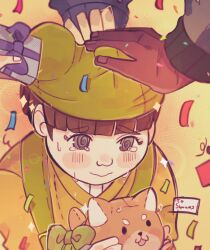  1other 3boys @_@ absurdres birthday black_eyes bow brown_hair commentary confetti crying crying_with_eyes_open dark-skinned_male dark_skin english_commentary gift ginzaki_shouma giving green_bow green_hat green_shirt hand_on_another's_head hat highres holding holding_stuffed_toy multiple_boys out_of_frame shirt stuffed_animal stuffed_toy sumino_takumi takueitaku tears the_hundred_line_-last_defense_academy- yakushiji_takemaru 