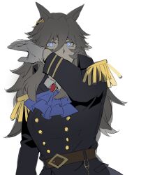  1girl akiduki_(gundogs) animal_ears ascot belt black_coat blue_ascot blue_eyes brown_belt coat commentary_request covered_mouth epaulettes gloves grey_hair hair_between_eyes hand_up highres horse_ears horse_girl long_hair long_sleeves looking_at_viewer perry_steam_(umamusume) simple_background solo standing sword_earrings umamusume umamusume:_beginning_of_a_new_era upper_body wavy_hair white_background white_gloves 