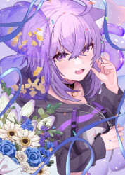  1girl absurdres ahoge animal_collar animal_ear_fluff animal_ears black_collar black_hoodie blue_flower blush breasts cat_ears cat_girl collar commentary_request cropped_hoodie flower gong_xu_yamii hair_between_eyes highres hololive hood hood_down hoodie long_sleeves looking_at_viewer nekomata_okayu nekomata_okayu_(1st_costume) open_mouth purple_hair rose shirt short_hair sleeves_past_wrists smile solo upper_body violet_eyes virtual_youtuber white_flower white_rose 