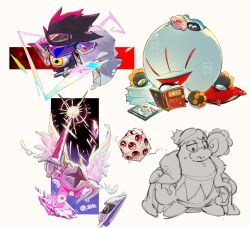  anger_vein bandaid chinese_commentary commentary d2k_(812404562) dark_matter_(kirby) dark_matter_blade feathers galacta_knight gooey_(kirby) highres holding holding_pillow king_dedede kirby kirby_(series) lance meta_knight miracle_matter one-eyed pillow polearm slippers star_(symbol) sword waddle_dee weapon zero_(kirby) zero_two_(kirby) 