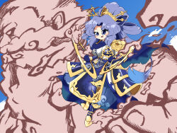  1boy 1girl absurdres alternate_hairstyle armor armored_boots baggy_pants beard biceps blue_boots blue_cape blue_gloves blue_sky boots breasts cape chakram closed_mouth clouds crossed_arms day facial_hair fingerless_gloves full_beard gloves gold_tiara gold_trim hakama hakama_pants hand_up high_heel_boots high_heels highres holding holding_weapon hutae_no_kym japanese_armor japanese_clothes kote kumoi_ichirin kumoi_ichirin_(the_overly_protective_and_protected_great_wheel) long_beard long_hair looking_at_viewer muneate muscular muscular_male mustache pants pants_tucked_in petals pink_petals purple_hair sheath sheathed sitting_on_shoulder sky smile sword torn_cape torn_clothes touhou touhou_lostword transparent_background unzan vambraces very_long_beard very_long_hair violet_eyes weapon 