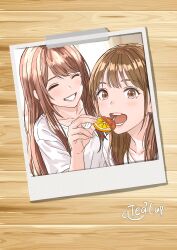  217find! 2girls absurdres animification brown_eyes brown_hair chocolate-covered_food collarbone commentary_request feeding food grin hanamiya_nina highres holding holding_food looking_at_viewer mole mole_under_eye multiple_girls nirei_nozomi open_mouth orangette photo_(object) real_life shirt smile t-shirt teacup_217 voice_actor white_shirt 