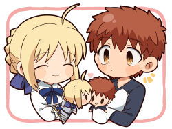  1boy 1girl ahoge artoria_pendragon_(fate) blonde_hair blue_bow blue_bowtie blue_ribbon blush bow bowtie braid brown_eyes brown_hair character_puppet chibi closed_eyes closed_mouth collarbone collared_shirt commentary_request emiya_shirou expressionless fate/stay_night fate_(series) hair_ribbon hand_puppet heart highres inset_border looking_at_another notice_lines puppet raglan_sleeves ribbon shirt short_hair tsubuta_hiro white_shirt 