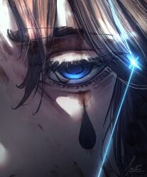  1girl absurdres artist_name battle_damage blood blood_on_face blue_eyes brown_hair close-up constellation determined dried_blood e.g.o_(project_moon) english_commentary expressionless eye_focus facial_mark facial_tattoo half-closed_eyes highres itsukaonline limbus_company long_hair looking_at_viewer portrait project_moon rodion_(project_moon) signature solo tattoo teardrop_facial_mark teardrop_tattoo the_sword_sharpened_with_tears_(e.g.o) 