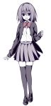  1girl blush loafers long_sleeves looking_at_viewer monochrome original oryou school_uniform shoes short_hair simple_background skirt smile solo thighhighs white_background zettai_ryouiki 