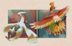  animal_focus border commentary_request full_body hinekure ho-oh lugia no_humans open_mouth pokemon pokemon_(creature) red_eyes translation_request white_border 