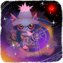  bare_tree black_background border commentary_request full_body hinekure looking_at_viewer mismagius no_humans open_mouth pokemon pokemon_(creature) red_eyes sparkle stuffed_animal stuffed_toy tree white_border 