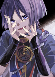  1boy absurdres armor black_bodysuit black_kimono blunt_ends bodysuit commentary_request eyeshadow fingernails genshin_impact gold hair_between_eyes hands_on_own_face hands_up highres iwoarazumi129 japanese_armor japanese_clothes jewelry juban kimono kote kurokote looking_at_viewer lower_teeth_only makeup male_focus mitsudomoe_(shape) monochrome_background neck_ring open_clothes open_hands open_kimono open_mouth portrait purple_hair purple_rope purple_sleeves red_eyeshadow red_kimono rope scaramouche_(genshin_impact) shimenawa short_sleeves solo teeth tomoe_(symbol) tongue tsurime turtleneck turtleneck_bodysuit violet_eyes white_kimono white_rope 