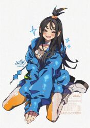  1girl black_hair blue_hoodie blush choker collarbone commentary_request cube_hair_ornament earclip grey_eyes hair_ornament highres hood hood_down hoodie jacket kawasaki_(kwsk_8765) leggings lida_(pokemon) long_hair long_sleeves looking_at_viewer open_mouth orange_leggings pokemon pokemon_legends:_z-a ribbed_socks shirt shoes sitting smile socks solo topknot two-tone_legwear wariza white_choker white_leggings wispy_bangs 