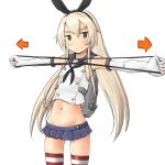  black_eyes blonde_hair elbow_gloves gloves hairband kantai_collection long_hair miniskirt outstretched_arms panties panties_removed shimakaze_(kantai_collection) shuuji_(shumi) skirt spread_arms striped striped_legwear thighhighs underwear 