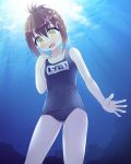  1girl bare_legs brown_hair bubble clothed_navel fujimiya_yuu hair_ornament hairclip inazuma_(kantai_collection) kantai_collection long_hair name_tag one-piece_swimsuit open_mouth personification school_swimsuit solo swimsuit underwater yellow_eyes 