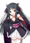  1girl aixioo black_hair happy kikou_shoujo_wa_kizutsukanai kimono long_hair open_mouth red_eyes ribbon smile solo thighhighs yaya_(kikou_shoujo_wa_kizutsukanai) 