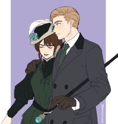 1boy 1girl 2023 aged_up alternate_costume anne_sallow blonde_hair brown_hair brunette business_suit couple harry_potter_(series) hat hogwarts_legacy necktie ominis_gaunt purple_background tachiloltachi warner_bros white_border