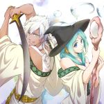  1boy 1girl animal_ears aqua_hair blue_eyes blue_hair breasts circlet dark_skin earrings green_eyes hat japanese_clothes jewelry long_hair looking_at_viewer magi_the_labyrinth_of_magic sharrkan sword wand weapon white_hair witch_hat yamuraiha yuki_(hekika) 