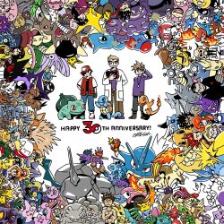  5girls 6+boys abra absolutely_everyone aerodactyl agatha_(pokemon) alakazam anniversary arbok arcanine arm_behind_back articuno bald baseball_cap beedrill bellsprout black_hair black_shirt blaine_(pokemon) blastoise blonde_hair blue_oak blue_pants book brock_(pokemon) brown_hair brown_pants brown_shoes bruno_(pokemon) bulbasaur butterfree caterpie chansey charizard charmander charmeleon clefable clefairy closed_eyes closed_mouth cloyster commentary crossed_arms cubone dewgong diglett ditto dodrio doduo dragonair dragonite dratini drowzee dugtrio eevee ekans electabuzz electrode_(pokemon) english_commentary english_text erika_(pokemon) everyone exeggcute exeggutor facial_hair farfetch'd fearow fire flareon gastly gengar geodude giovanni_(pokemon) gloom_(pokemon) gloves golbat goldeen golduck golem graveler green_gloves grey_pants grimer grin growlithe gyarados hat haunter highres hitmonchan hitmonlee holding holding_book holding_poke_ball holding_whip horsea hypno ivysaur jacket jewelry jigglypuff jolteon jynx kabuto_(pokemon) kabutops kadabra kakuna kangaskhan kingler koffing koga_(pokemon) krabby lab_coat lance_(pokemon) lapras lickitung long_sleeves lorelei_(pokemon) machamp machoke machop magikarp magmar magnemite magneton mankey marowak meowth metapod mewtwo misty_(pokemon) moltres mr._mime muk multiple_boys multiple_girls mustache necklace necktie nidoking nidoqueen nidorina nidorino ninetales oddish official_artist_extra omanyte omastar onix open_book open_clothes open_jacket open_vest orange_hair osare_graffiti pants paras parasect pidgeot pidgeotto pidgey pikachu pinsir poke_ball poke_ball_(basic) poke_ball_symbol pokemon pokemon_(creature) pokemon_rgby pokemon_tower_ghost poliwag poliwhirl poliwrath ponyta porygon primeape professor_oak psyduck purple_shirt purple_shoes raichu rapidash raticate rattata red-tinted_eyewear red_(pokemon) red_scarf red_vest rhydon rhyhorn round_eyewear sabrina_(pokemon) sandshrew sandslash scarf scyther seadra seaking seel shellder shirt shoes short_hair short_sleeves side_ponytail signature slowbro slowpoke smile snorlax spearow spiky_hair squirtle starmie starter_pokemon_trio staryu sunglasses surge_(pokemon) tangela tauros team_rocket team_rocket_uniform teeth tentacool tentacruel tinted_eyewear topless_male vaporeon venomoth venonat venusaur vest victreebel vileplume voltorb vulpix wartortle weedle weepinbell weezing whip white_jacket white_necktie white_shoes wigglytuff zapdos zubat 