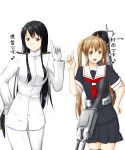  2girls black_hair brown_eyes brown_hair female_admiral_(kantai_collection) highres kantai_collection multiple_girls murasame_(kantai_collection) naval_uniform niwatazumi personification pleated_skirt school_uniform serafuku skirt translated 