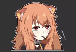  1girl animal_ear_fluff animal_ears artist_name black_dress blush brown_dress brown_hair child closed_mouth collar commentary dress english_commentary food food_in_mouth genolegend grey_background hair_between_eyes highres layered_dress long_hair looking_at_viewer messy_hair metal_collar outline pocky pocky_in_mouth portrait raccoon_ears raccoon_girl raphtalia raphtalia_(young) red_eyes simple_background smile solo tate_no_yuusha_no_nariagari twitter_username white_outline 