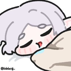  1girl blanket chibi chibi_only closed_eyes commentary drooling elf english_commentary facing_viewer frieren grey_hair highres lulalang open_mouth parted_bangs pointy_ears simple_background sleeping solo sousou_no_frieren twitter_username white_background 