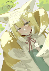  1girl :d animal_ear_fluff animal_ears arknights blonde_hair blush commentary_request dddddvkoko dutch_angle fox_ears fox_girl fox_tail frilled_hairband frills green_eyes green_skirt hairband half-closed_eyes hand_up heart high-waist_skirt kitsune kyuubi long_hair long_sleeves looking_at_viewer multicolored_hair multiple_tails neck_ribbon official_alternate_costume open_mouth red_ribbon ribbon shirt sketch skirt smile solo spoken_heart suzuran_(arknights) suzuran_(spring_praise)_(arknights) tail two-tone_hair upper_body white_hair white_shirt yellow_hairband 