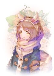  1girl absurdres animal_ears blue_coat braid brown_eyes brown_hairband brown_scarf closed_mouth coat crown_braid ear_covers flower hairband highres horse_ears horse_girl long_sleeves looking_at_viewer looking_to_the_side scarf short_hair smile solo umamusume upper_body usapenpen2019 white_background yukino_bijin_(umamusume) 