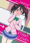  1girl black_hair blush bow cardigan hair_bow hand_on_own_cheek hoshinoouka looking_at_viewer love_live!_school_idol_project open_mouth red_eyes school_uniform skirt solo twintails wavy_mouth yazawa_nico 