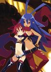  2girls :d arm_around_neck bangle belt bikini_top black_gloves blue_hair boots bracelet breasts breasts_apart choker demon_girl demon_tail disgaea disgaea_d2 earrings etna fang fingerless_gloves flat_chest front-tie_top gloves hand_on_hip harada_takehito jewelry laharl-chan long_hair midriff mound_of_venus multiple_girls navel official_art open_mouth pants pointy_ears red_eyes red_legwear red_scarf redhead scarf short_shorts shorts smile tail thigh_boots thighhighs torn_clothes torn_pants tubetop twintails very_long_hair 