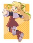  1girl blonde_hair boots dress full_body green_eyes hair_ribbon highres ki_(adotadot) long_hair long_sleeves midair open_mouth outstretched_arms payot ponytail ribbon rockman rockman_(classic) roll solo wink yellow_background 