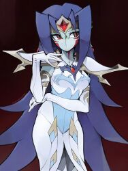  1girl alternate_form arm_warmers blue_hair blue_trim body_markings cowboy_shot crossed_arms detached_sleeves dress elbow_rest facial_mark facing_viewer forehead_jewel forehead_protector gem gold_trim hand_on_own_chin hand_on_own_elbow highres kamishiro_rio leaning_to_the_side long_hair looking_to_the_side nuumigranate parted_bangs red_background red_eyes red_gem shoulder_pads tunic white_arm_warmers white_dress white_tunic yu-gi-oh! yu-gi-oh!_zexal 