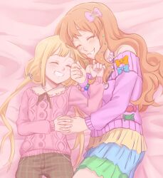  2girls bed_sheet blonde_hair bow closed_eyes colored_skin commentary english_commentary futaba_anzu grin hair_bow hair_ornament highres holding_hands idolmaster idolmaster_cinderella_girls interlocked_fingers ivlice long_hair long_sleeves lying moroboshi_kirari multicolored_skin multiple_girls on_back orange_hair pink_bow pink_sweater smile star_(symbol) star_hair_ornament sweater twintails yuri 