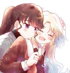  2girls :d behind_another black_sweater blonde_hair blue_hair blush brown_dress brown_hair closed_mouth commentary curtained_hair dress earrings fang flower frown fujishima_megumi fujishima_megumi_(post-graduation) gradient_hair grey_jacket hair_flower hair_ornament hasu_no_sora_school_uniform heart heart_earrings highres jacket jewelry light_particles link!_like!_love_live! long_hair long_sleeves looking_at_another love_live! mira-cra_park! multicolored_hair multiple_girls neckerchief open_mouth osawa_rurino parted_bangs pink_flower ponytail red_neckerchief ring sailor_collar sailor_dress school_uniform sidelocks smile suit_jacket sweater turtleneck turtleneck_sweater twintails untranslatable_commentary upper_body violet_eyes virtual_youtuber watage_modoki wavy_sidelocks wedding_ring winter_uniform yuri 