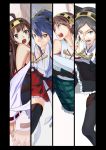 4girls ahoge bare_shoulders black_hair brown_hair closed_eyes detached_sleeves glasses hairband haruna_(kantai_collection) hiei_(kantai_collection) highres japanese_clothes kaili kantai_collection kirishima_(kantai_collection) kongou_(kantai_collection) multiple_girls nontraditional_miko open_mouth personification ribbon_trim siblings sisters thighhighs wide_sleeves 