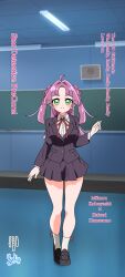  1girl absurdres ahoge artist_name bilingual_commentary black_jacket black_shoes black_skirt blazer character_name classroom closed_mouth commentary copyright_name cosplay dress_shirt english_text hair_intakes hair_ribbon hanazono_hakari hanazono_hakari_(cosplay) highres hondo_kaede indoors jacket kimi_no_koto_ga_dai_dai_dai_dai_daisuki_na_100-nin_no_kanojo kobayashi_mikuru loafers long_hair looking_at_viewer meitantei_precure! miniskirt mixed-language_commentary neck_ribbon pleated_skirt precure purple_hair purple_ribbon red_ribbon ribbon school_uniform shirt shoes signature skirt smile solo standing two_side_up voice_actor_connection white_shirt wing_collar yudi_08081998 